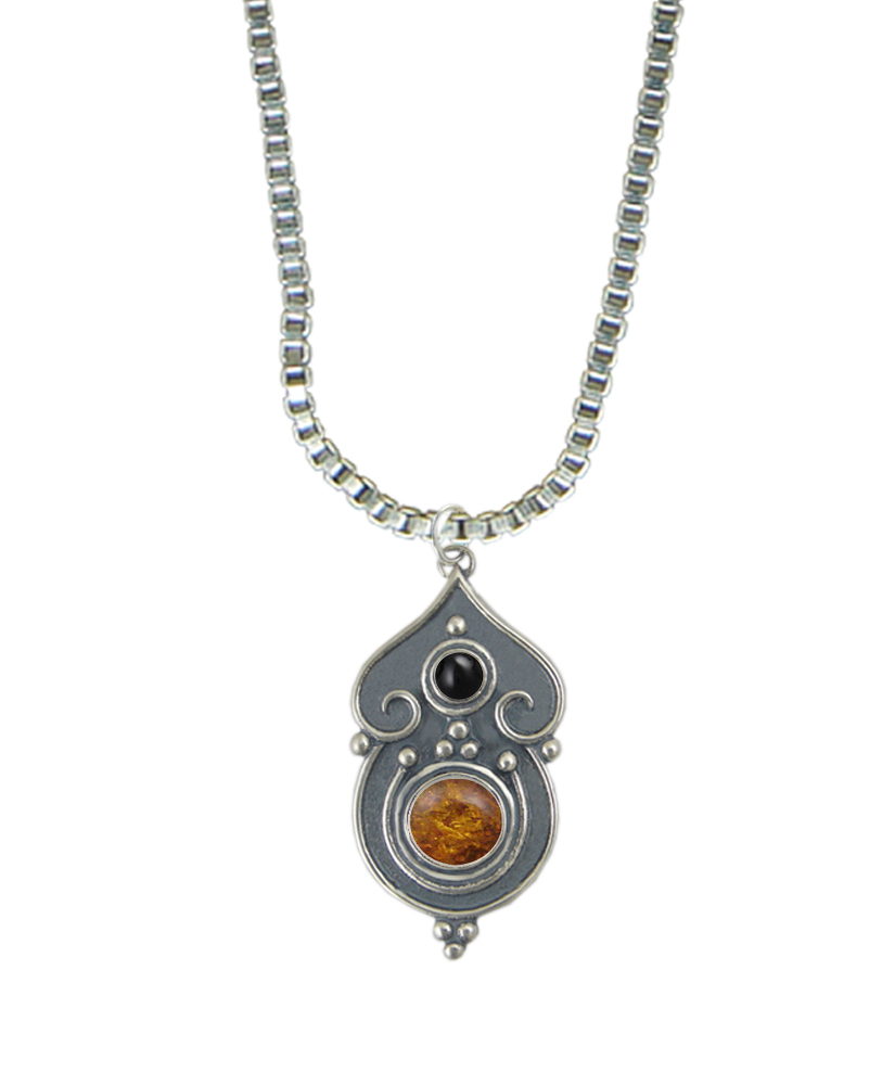 Sterling Silver Necklace Amber And Black Onyx